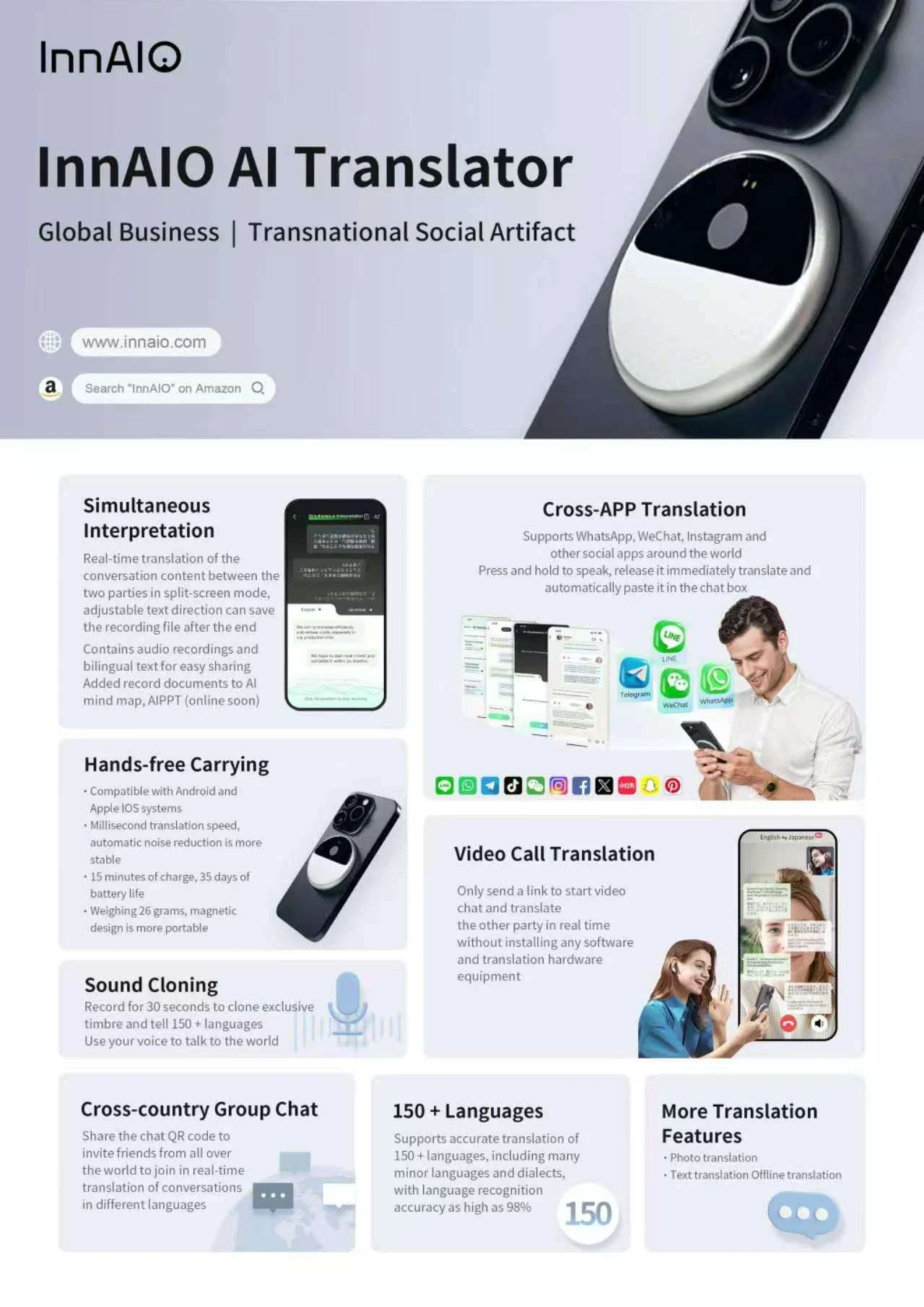 InnAIO AI Translator (Wearable/Clip-on AI Voice Translator)