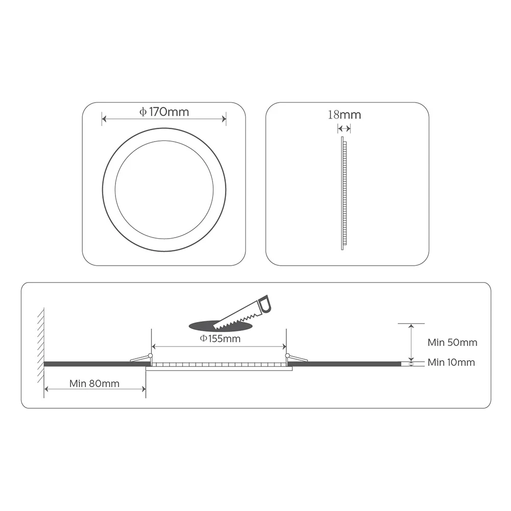 12W Neox LED Round Recessed slim panel Ceiling Light with Samsung LED | 170mm | 6500K Day Light | 2 