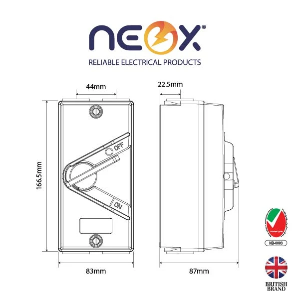 Neox IP66 Weatherproof Isolator Switch | 20A/500V | 3-Pole | Surface Mount | 16mm² Cable Terminals