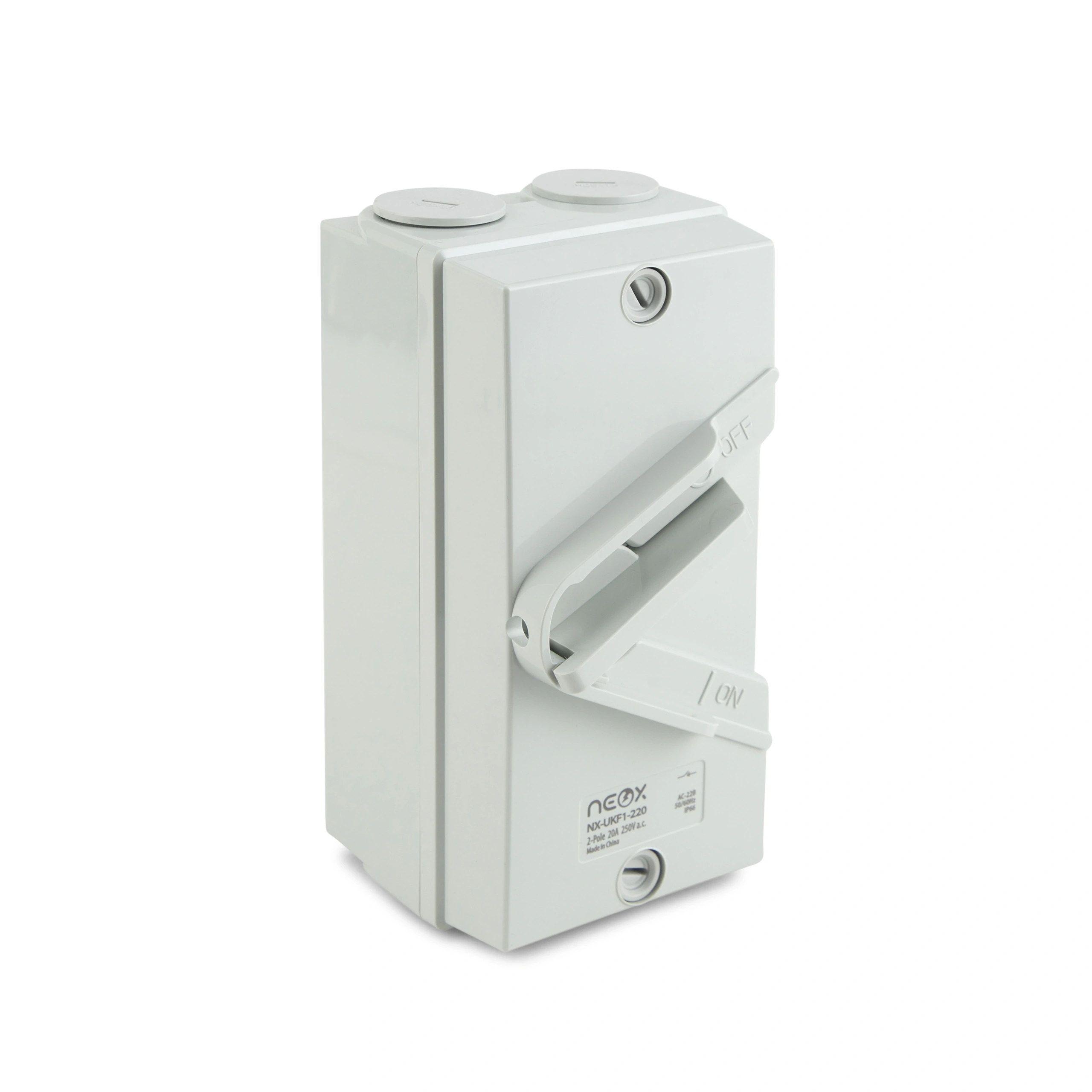 IP 66 WEATHERPROOF ISOLATOR SWITCH, 35A/250V, 2P, SURFACE SWITCH,TERMINALS 16MM CABLE, M RATING 180